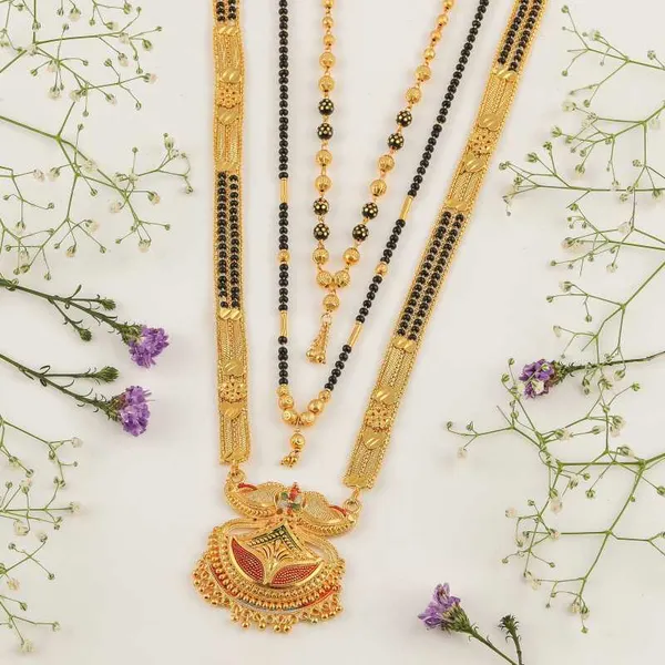 Combo_Of_3_Pcs_Ethnic_Traditional_One_Gram_Gold_Glorious_Maharashtrian_Style_Long_Chain_Black_Beads_30_Inch_And_18_Inch_Short