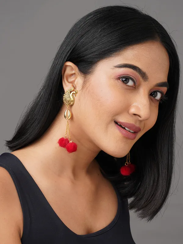Gold-toned_peacock_shapped_red_ball_drop_earring