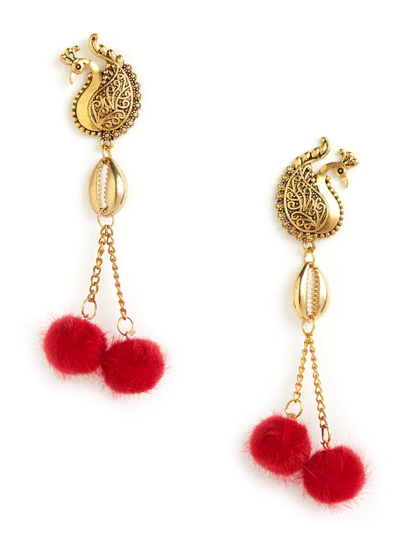 Gold-toned_peacock_shapped_red_ball_drop_earring