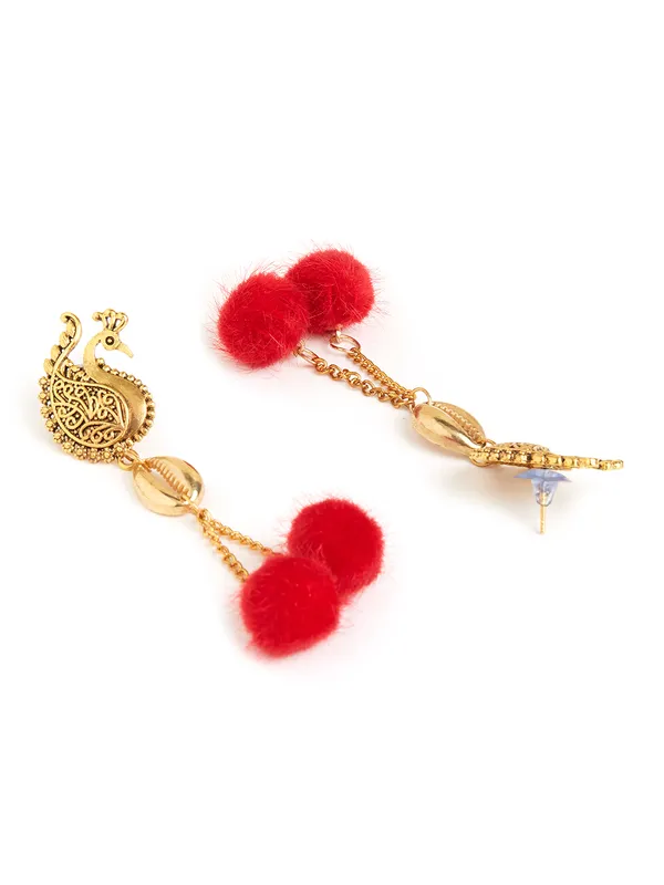 Gold-toned_peacock_shapped_red_ball_drop_earring