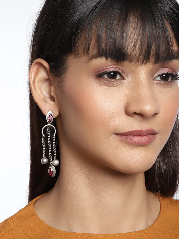Silver-Plated__Red_Contemporary_Oxidised_Drop_Earrings