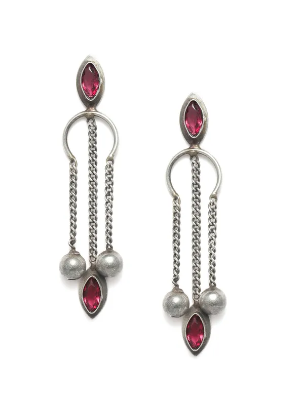 Silver-Plated__Red_Contemporary_Oxidised_Drop_Earrings