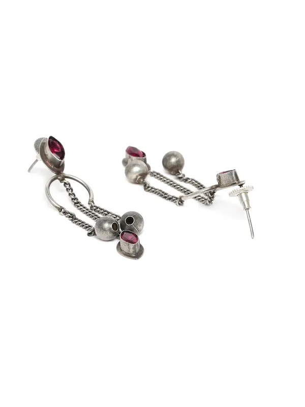 Silver-Plated__Red_Contemporary_Oxidised_Drop_Earrings