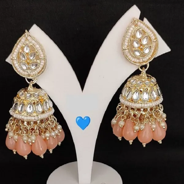 Peach_Colour_Pearls_Jhumki_Earrings_With_Mang_Tikka_For_Women.
