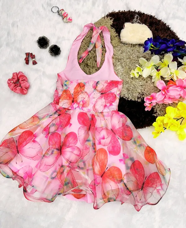 Pink_Butterfly_Print_Western_Knee-Length_Frock_for_Girls
