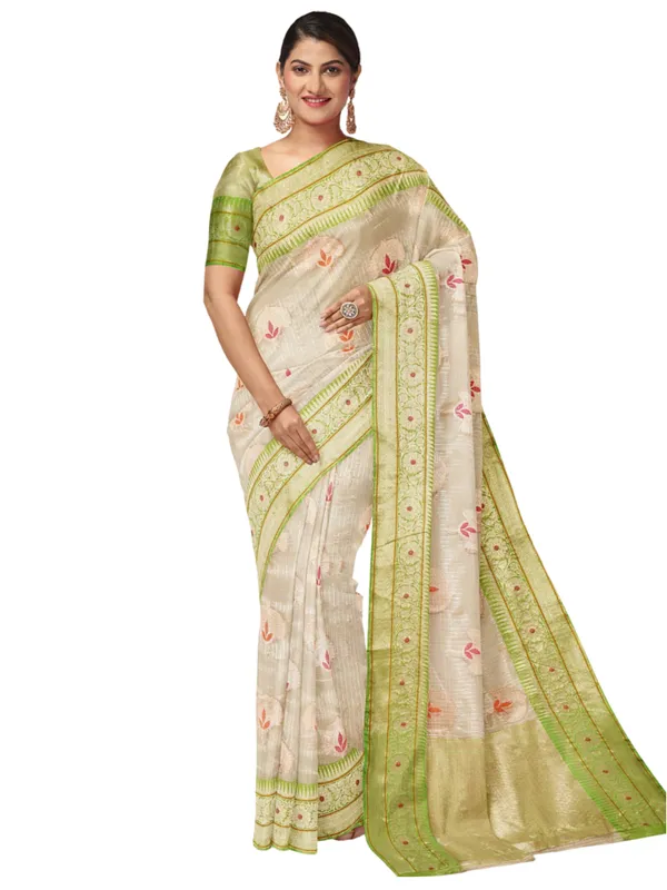 Beige_Cotton_Blend_Banarasi_Sarees_For_Women