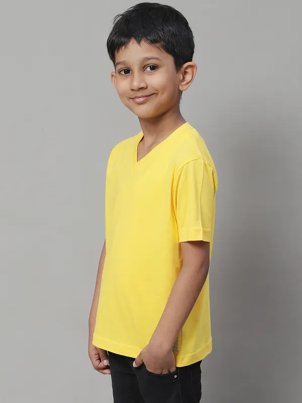 Yellow_Cotton_Rib_V-Neck_Short_Sleeves_T-Shirt_For_Kids