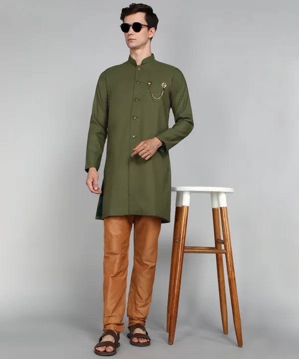 Solid_Mehndi_Green_Cotton_Blend_Nawabi_With_Paijama