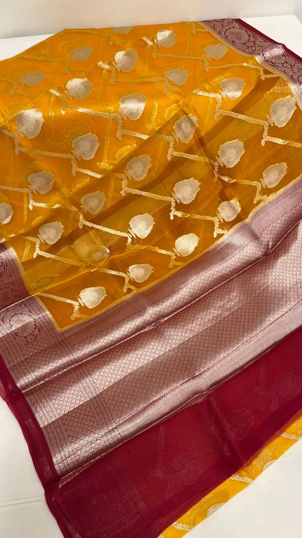 Humairah_Pure_Handloom_Gold_Organza_Floral_Zari_Booti_Ada_Stripe_with_Contrast_Red_Big_Floral_Boota_Pallu_Zari_Border_and_Red_Blouse