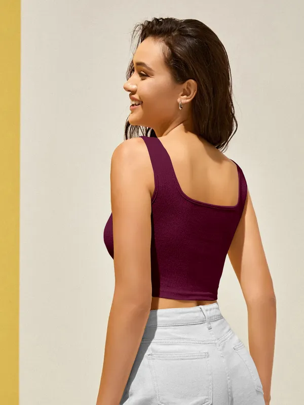 Wine_Sleeveless__Ribbed_Square_Neck__Crop_Top_For_Women