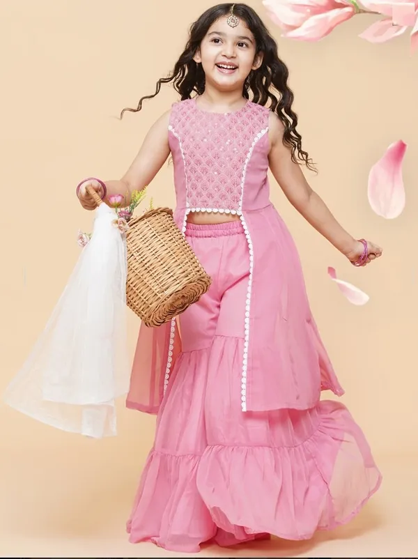 Peach_Girls_Pink_Self_Design_Poly_Georgette_Kurta_With_Sharara
