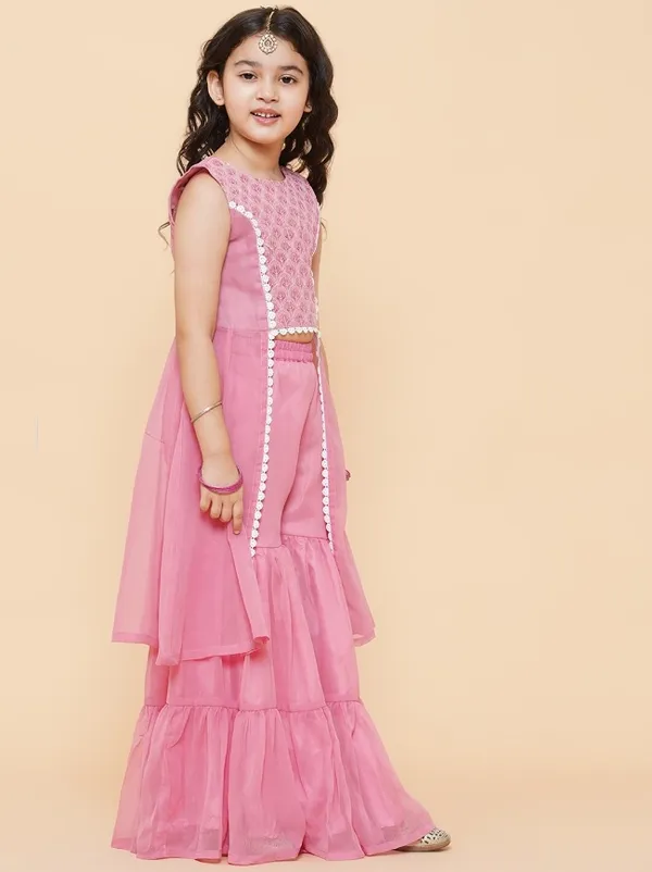 Peach_Girls_Pink_Self_Design_Poly_Georgette_Kurta_With_Sharara
