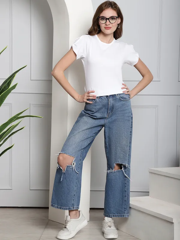 White_Cotton_Round_Neck_Short_Sleeves_Solid_Casual_T-Shirt_For_Women