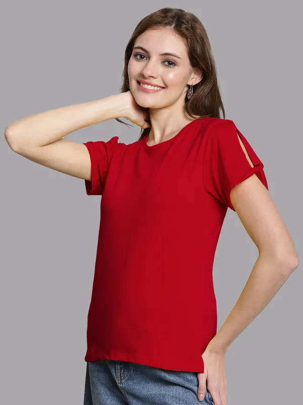 Red_Cotton_Round_Neck_Short_Sleeves_Solid_Casual_T-Shirt_For_Women