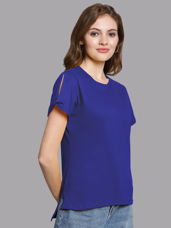 Blue_Cotton_Round_Neck_Short_Sleeves_Solid_Casual_T-Shirt_For_Women