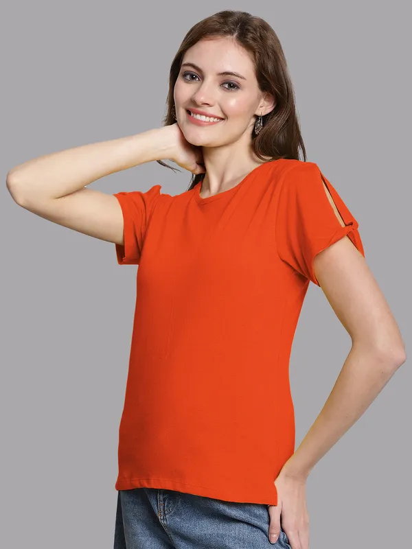 Orange_Cotton_Round_Neck_Short_Sleeves_Solid_Casual_T-Shirt_For_Women