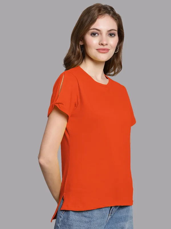 Orange_Cotton_Round_Neck_Short_Sleeves_Solid_Casual_T-Shirt_For_Women