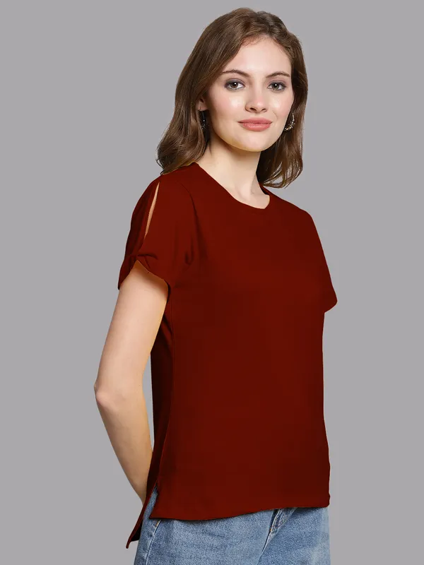 Maroon_Cotton_Round_Neck_Short_Sleeves_Solid_Casual_T-Shirt_For_Women