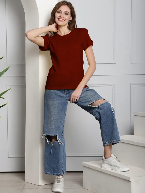 Maroon_Cotton_Round_Neck_Short_Sleeves_Solid_Casual_T-Shirt_For_Women