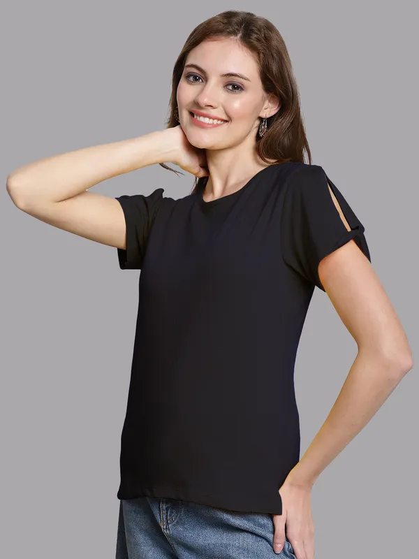 Navy_Blue_Cotton_Round_Neck_Short_Sleeves_Solid_Casual_T-Shirt_For_Women
