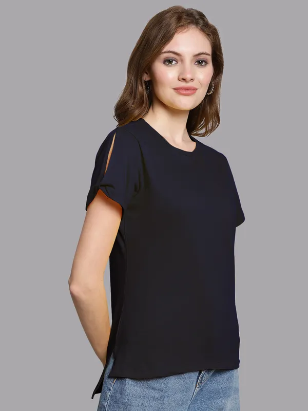Navy_Blue_Cotton_Round_Neck_Short_Sleeves_Solid_Casual_T-Shirt_For_Women