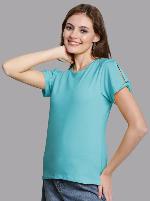Turquoise_Blue_Cotton_Round_Neck_Short_Sleeves_Solid_Casual_T-Shirt_For_Women