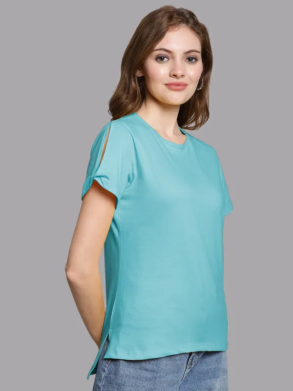 Turquoise_Blue_Cotton_Round_Neck_Short_Sleeves_Solid_Casual_T-Shirt_For_Women