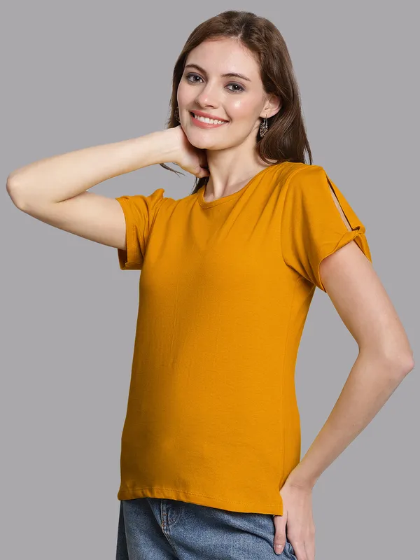 Mustard_Cotton_Round_Neck_Short_Sleeves_Solid_Casual_T-Shirt_For_Women