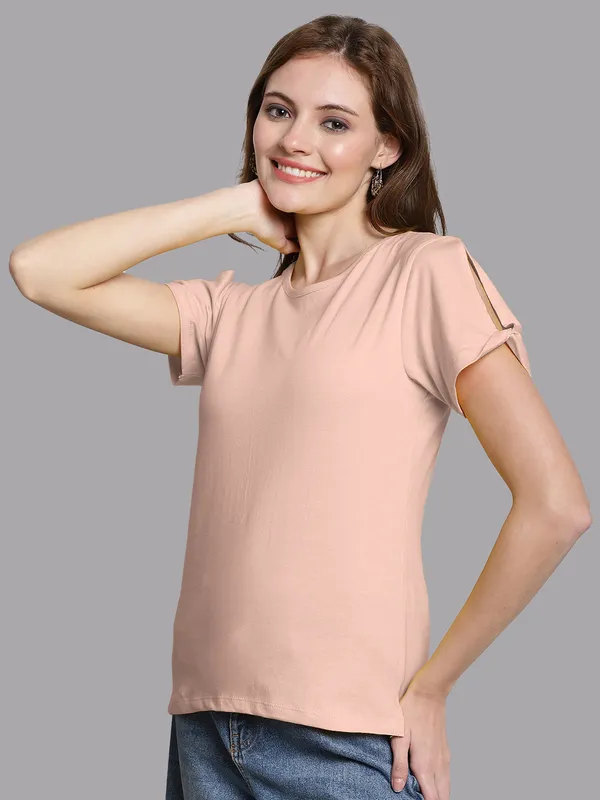 Coral_Cotton_Round_Neck_Short_Sleeves_Solid_Casual_T-Shirt_For_Women