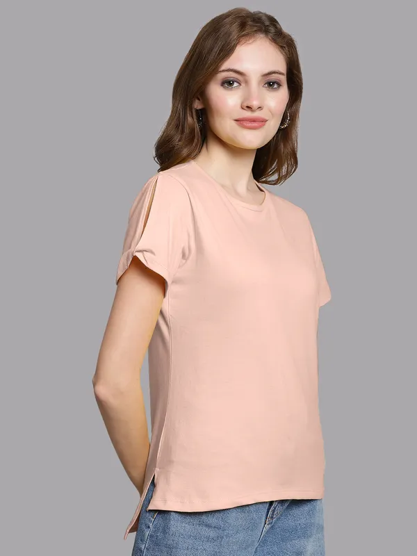 Coral_Cotton_Round_Neck_Short_Sleeves_Solid_Casual_T-Shirt_For_Women