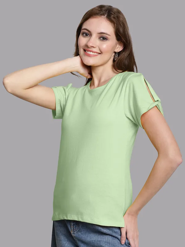 Sea_Green_Cotton_Round_Neck_Short_Sleeves_Solid_Casual_T-Shirt_For_Women