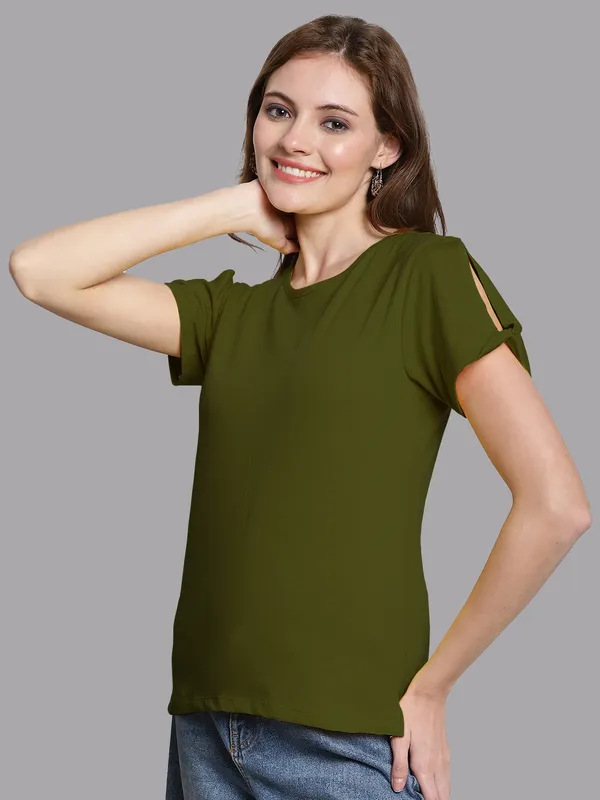 Olive_Green_Cotton_Round_Neck_Short_Sleeves_Solid_Casual_T-Shirt_For_Women