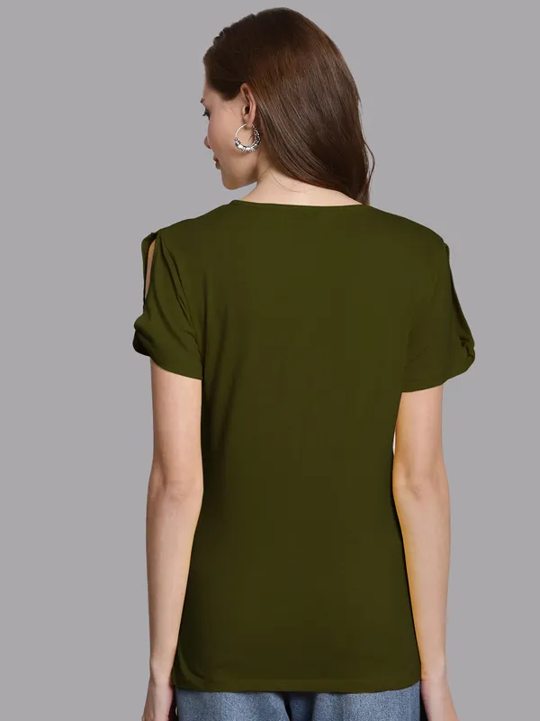 Olive_Green_Cotton_Round_Neck_Short_Sleeves_Solid_Casual_T-Shirt_For_Women