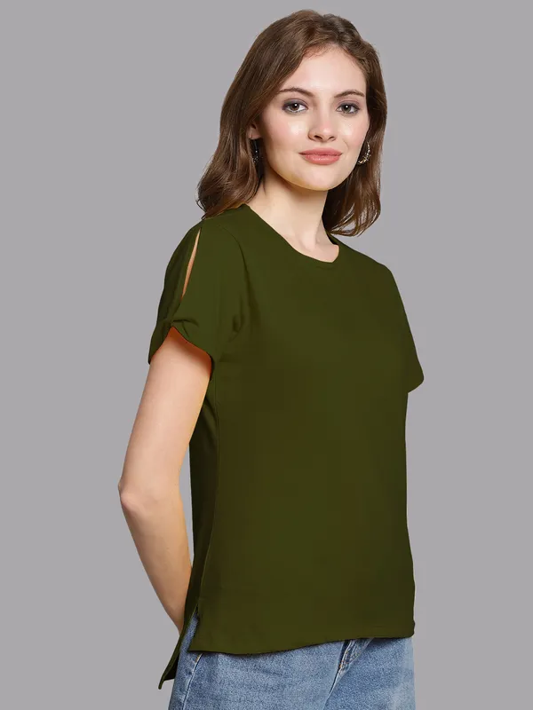 Olive_Green_Cotton_Round_Neck_Short_Sleeves_Solid_Casual_T-Shirt_For_Women