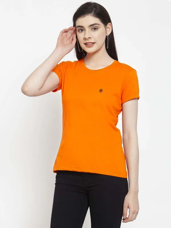 Orange_Cotton_Round_Neck_Short_Sleeves_Solid_Casual_T-Shirt_For_Women
