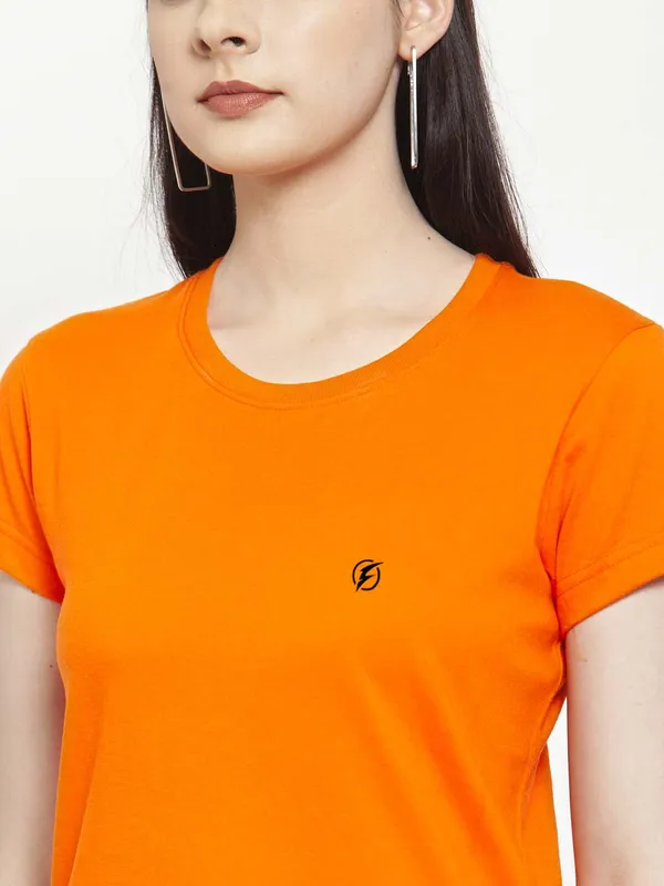 Orange_Cotton_Round_Neck_Short_Sleeves_Solid_Casual_T-Shirt_For_Women