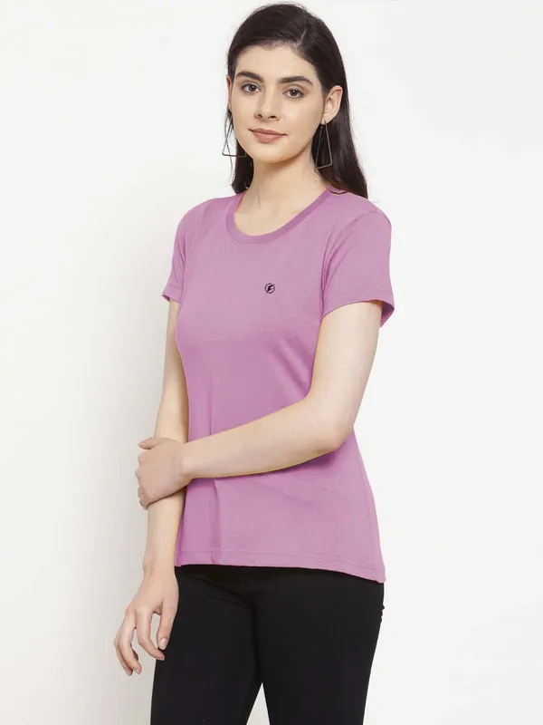Purple_Cotton_Round_Neck_Short_Sleeves_Solid_Casual_T-Shirt_For_Women