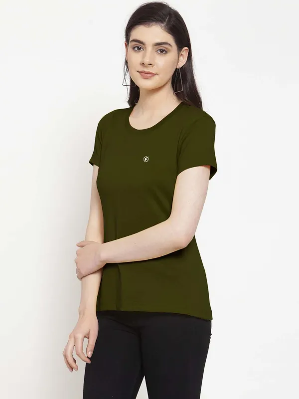 Olive_Green_Cotton_Round_Neck_Short_Sleeves_Solid_Casual_T-Shirt_For_Women
