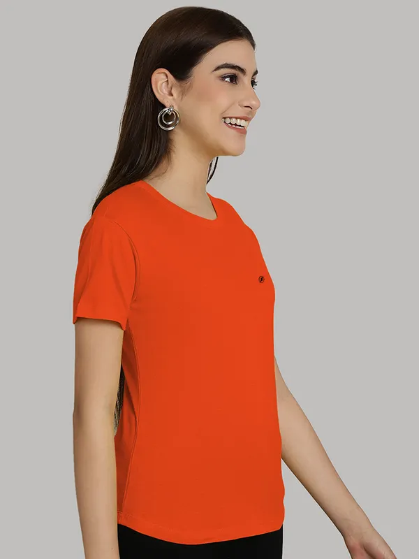 Orange_Cotton_Round_Neck_Short_Sleeves_Solid_Casual_T-Shirt_For_Women