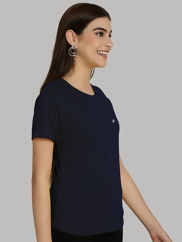 Navy_Blue_Cotton_Round_Neck_Short_Sleeves_Solid_Casual_T-Shirt_For_Women