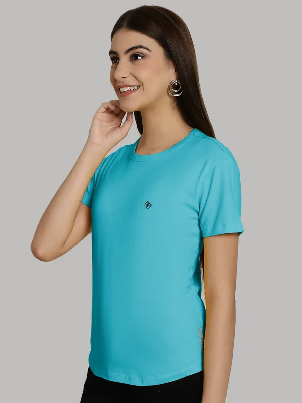 Turquoise_Blue_Cotton_Round_Neck_Short_Sleeves_Solid_Casual_T-Shirt_For_Women