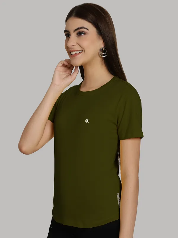 Olive_Green_Cotton_Round_Neck_Short_Sleeves_Solid_Casual_T-Shirt_For_Women