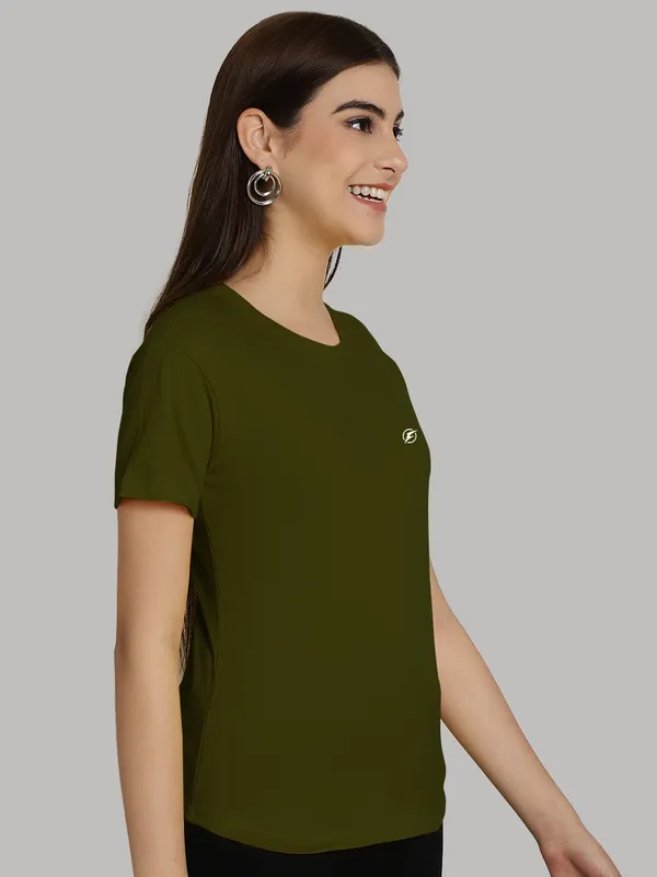 Olive_Green_Cotton_Round_Neck_Short_Sleeves_Solid_Casual_T-Shirt_For_Women