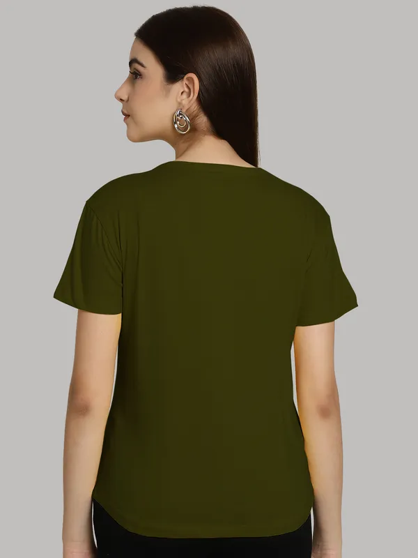Olive_Green_Cotton_Round_Neck_Short_Sleeves_Solid_Casual_T-Shirt_For_Women