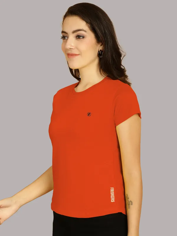 Orange_Cotton_Round_Neck_Short_Sleeves_Solid_Casual_T-Shirt_For_Women