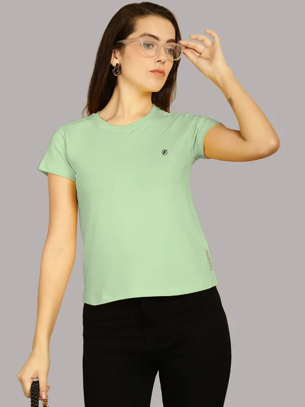 Sea_Green_Cotton_Round_Neck_Short_Sleeves_Solid_Casual_T-Shirt_For_Women