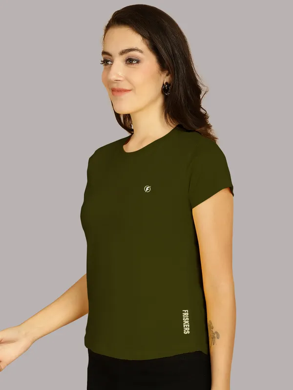 Olive_Green_Cotton_Round_Neck_Short_Sleeves_Solid_Casual_T-Shirt_For_Women