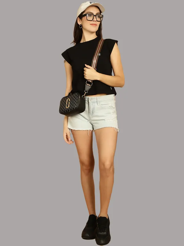 Black_Cotton_Round_Neck_Extended_Sleeves_Solid_Casual_T-Shirt_For_Women
