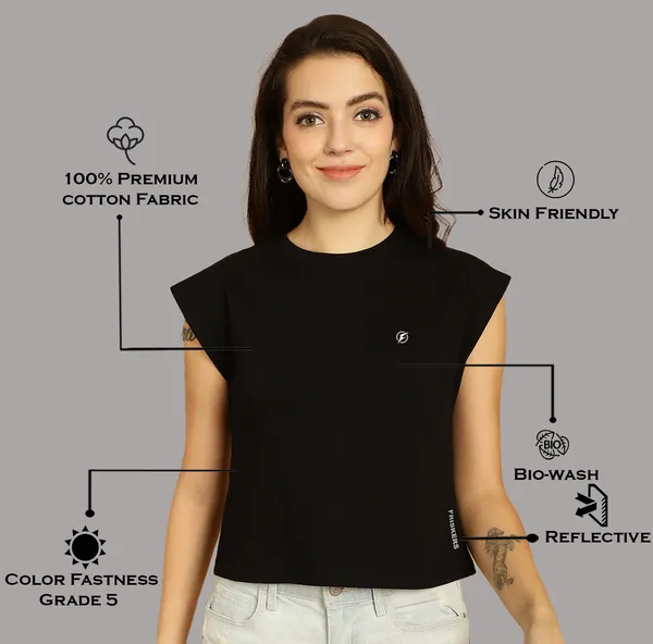 Black_Cotton_Round_Neck_Extended_Sleeves_Solid_Casual_T-Shirt_For_Women