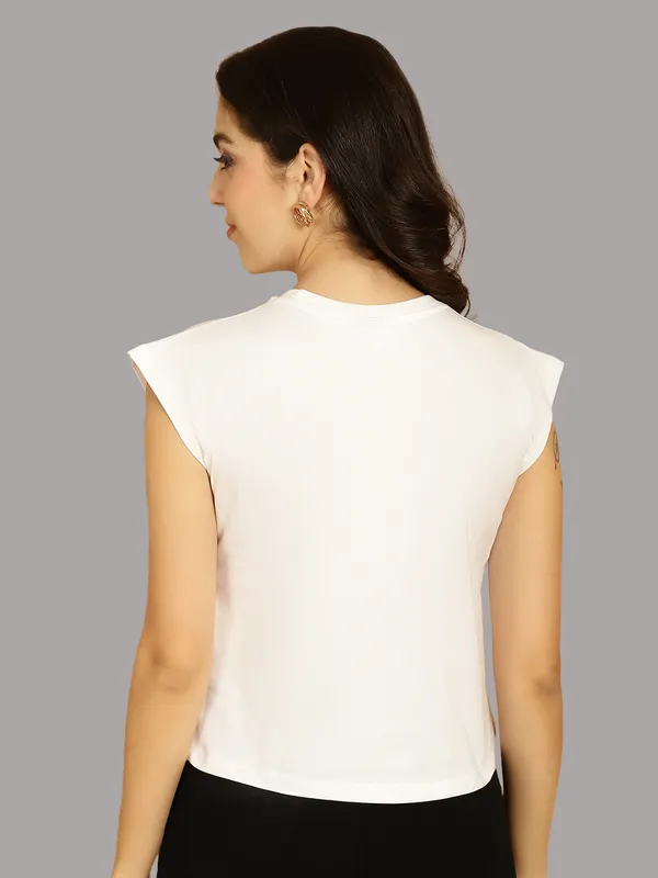 White_Cotton_Round_Neck_Extended_Sleeves_Solid_Casual_T-Shirt_For_Women